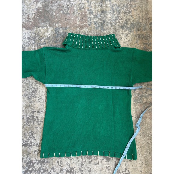 VTG beaded green ugly christmas sweater wide cowl neck ramie cotton L - Picture 6 of 8